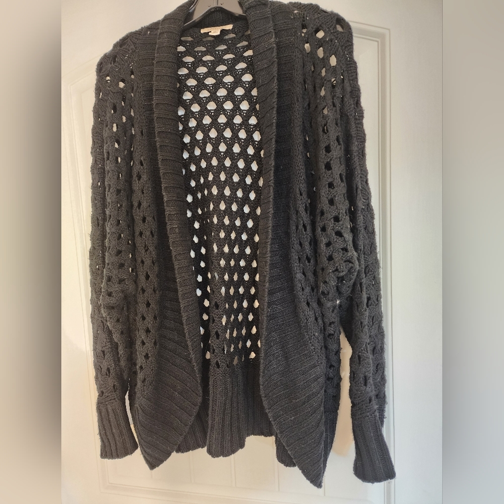 Cozy Women's Black Open-Knit Cardigan Oversized M/L Minimalist  Crochet Wrap